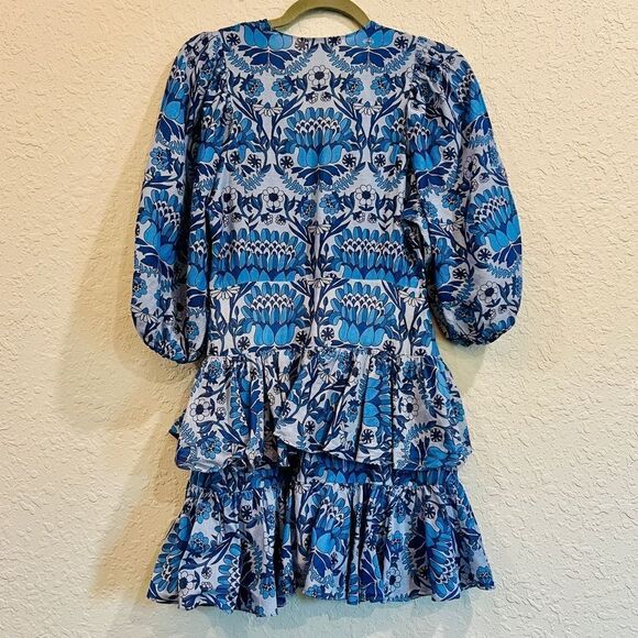 SANDRO PARIS Eyana Yana Scarf Print Blue Fit and Flare Dress Flounce 2 - Picture 13 of 16